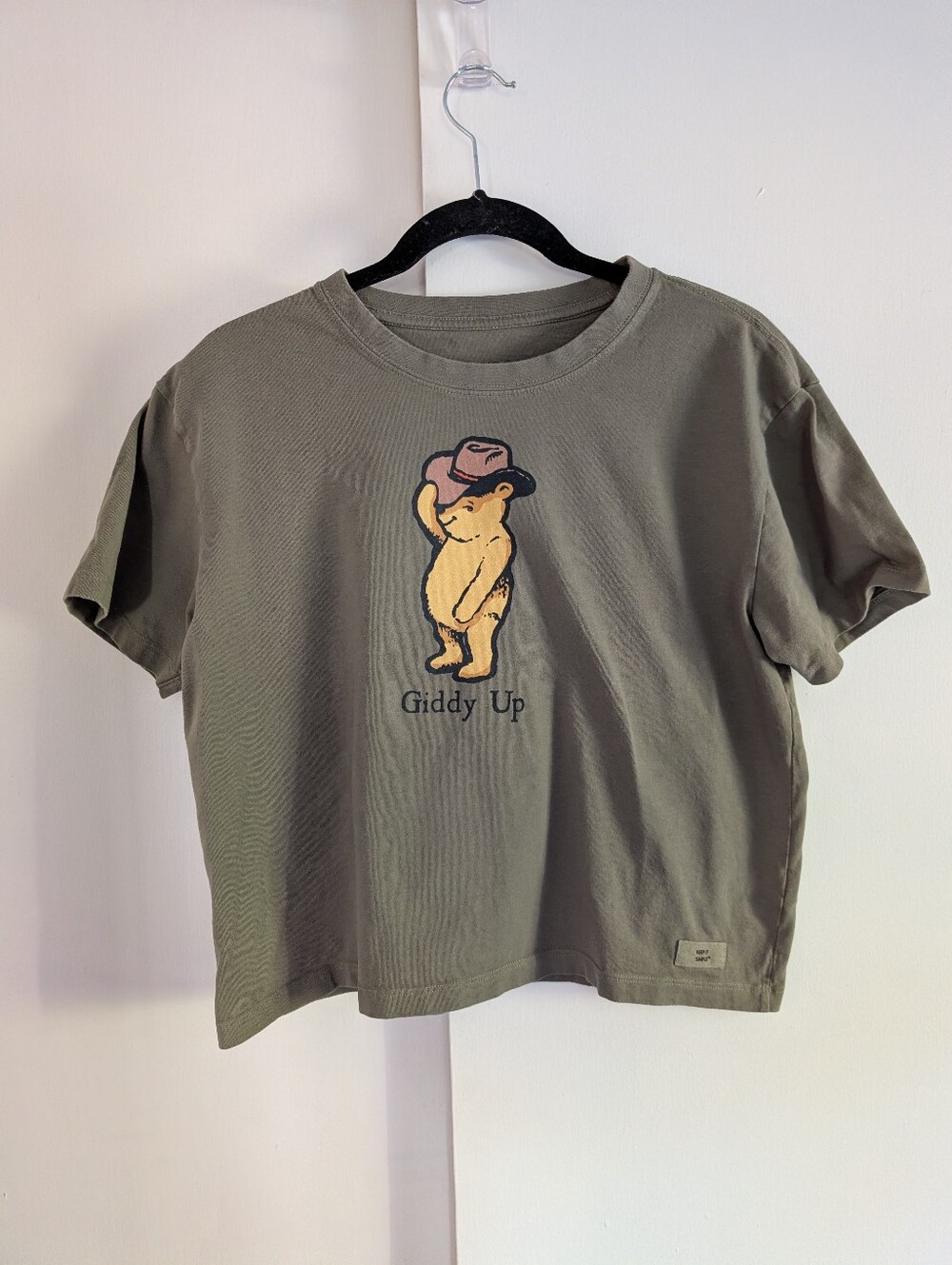Life Is Good Giddy Up Winnie The Pooh Graphic Tee Crop- Moss Green Size Medium